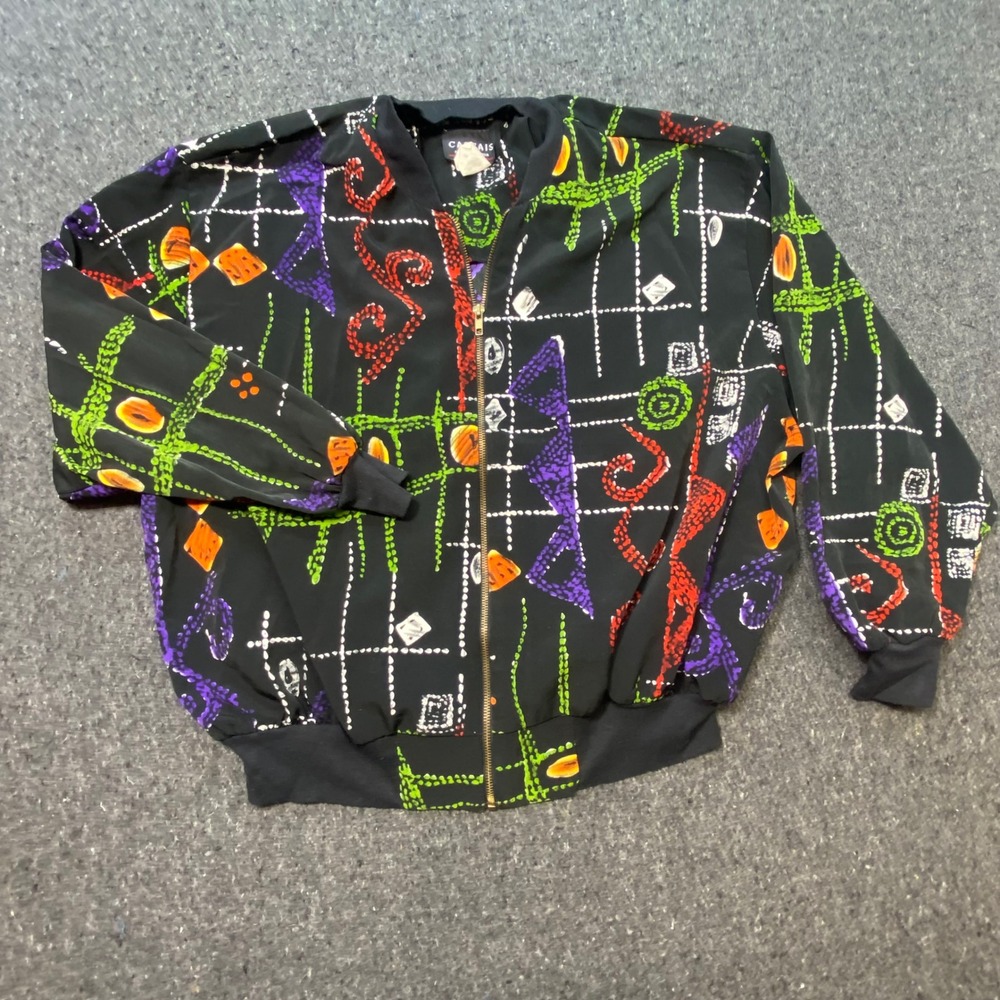 Cascais of California Bomber Jacket Medium Womens Black 90s‎ Abstract Zip Up